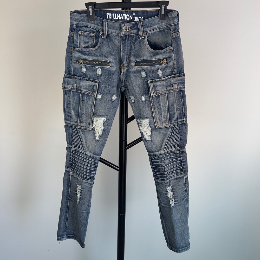 Trill Nation Mens 30x30 Moto Biker Cargo Jeans Distressed Blue Denim Ribbed Knee - Picture 12 of 13